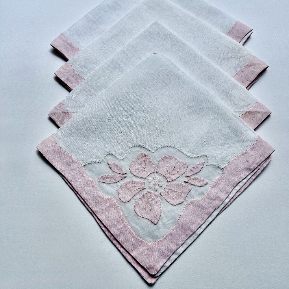 Set of 4 Madeira White Linen, Organza & Pink Cotton Floral Cocktail Napkins